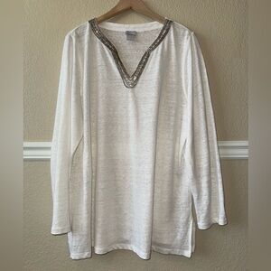 Chico’s 100% Linen Embellished V-Neck Tunic White Size XL